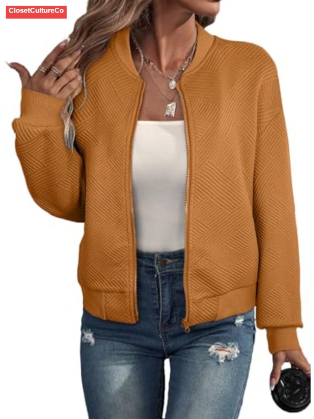 Womens Bomber Jacket Casual Stand Collar Zip Up Coat with Pockets